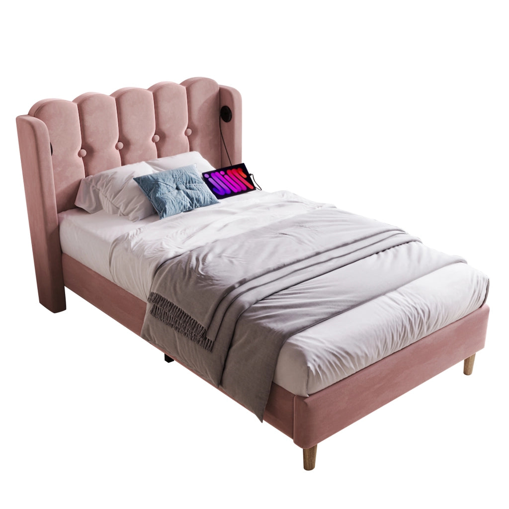 OKWISH Letto Singolo 90×200 cm con Porte USB, Tipo C e Testiera, senza Materasso, in Velluto, Rosa