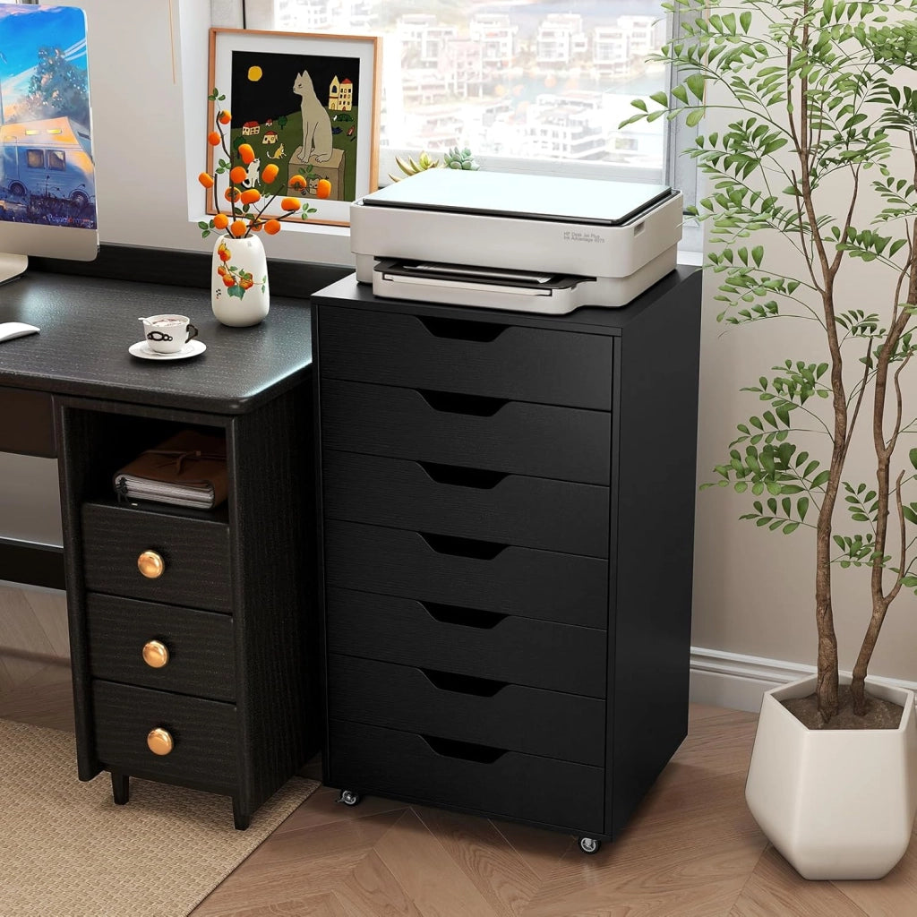 Cassettiera Ufficio con 7 Cassetti, Cassettiera Scrivania con 4 Ruote Bloccabili, Schedario Portadocumenti in Legno, per Stampante per Studio, Camera da Letto, 49 x 40 x 87 cm (Nero)