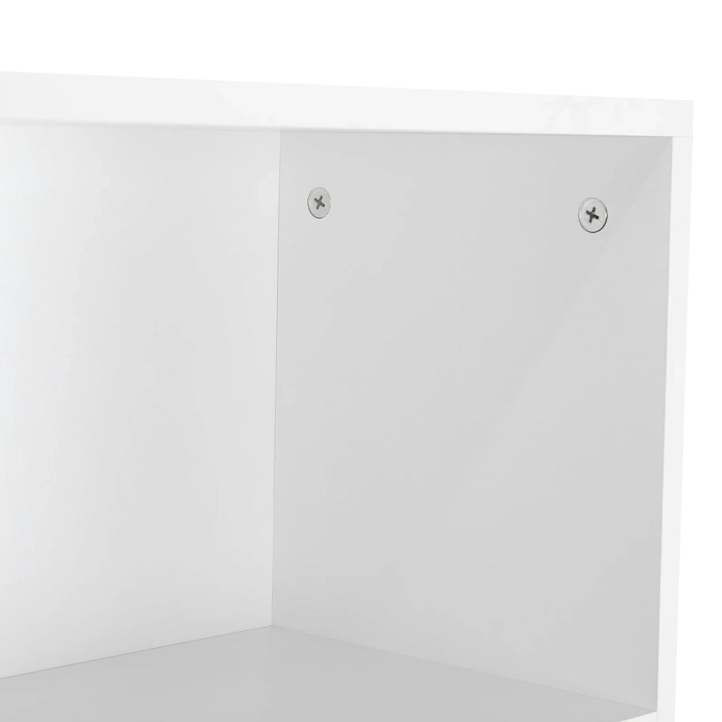 Libreria autoportante bianca con 5 scomparti aperti, struttura in melaminico E1 e legno massiccio