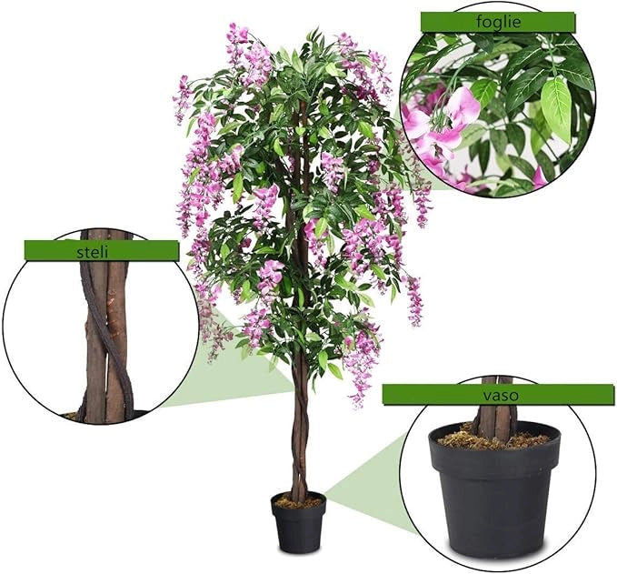 Pianta Finta da Interno da 180 cm, Albero Artificiale con Fiori Fiori Glicine Elegante in Vaso, Pianta Artificiale per Salotto, Camera da Letto e Balcone