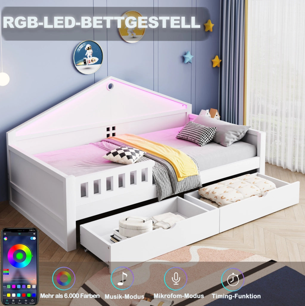 Letto singolo multifunzione 90x200 cm con LED e 2 cassetti; in legno massello e MDF; bianco