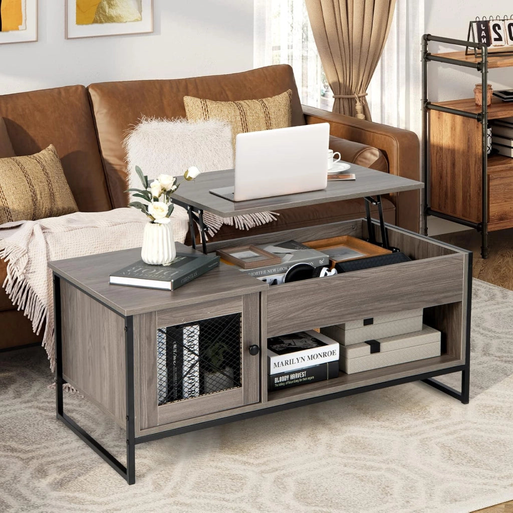 Tavolino da Salotto in Legno, Tavolino Basso Sollevabile con Scompartimento Nascosto, Tavolino da Divano Moderno per Soggiorno e Ufficio, 104 x 55 x 58 cm, Grigio