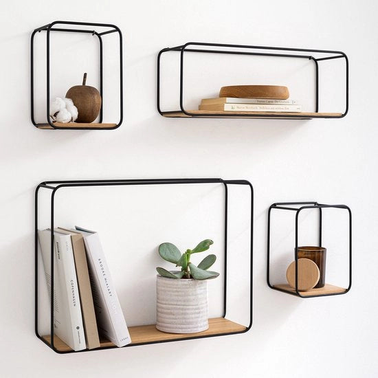Set di assi da parete - Jona - | 4 assi da parete in metallo e finitura in legno reale | Decorazione da parete e spazio di stoccaggio per bagno, soggiorno, cucina, camera da letto e altro | Eichen