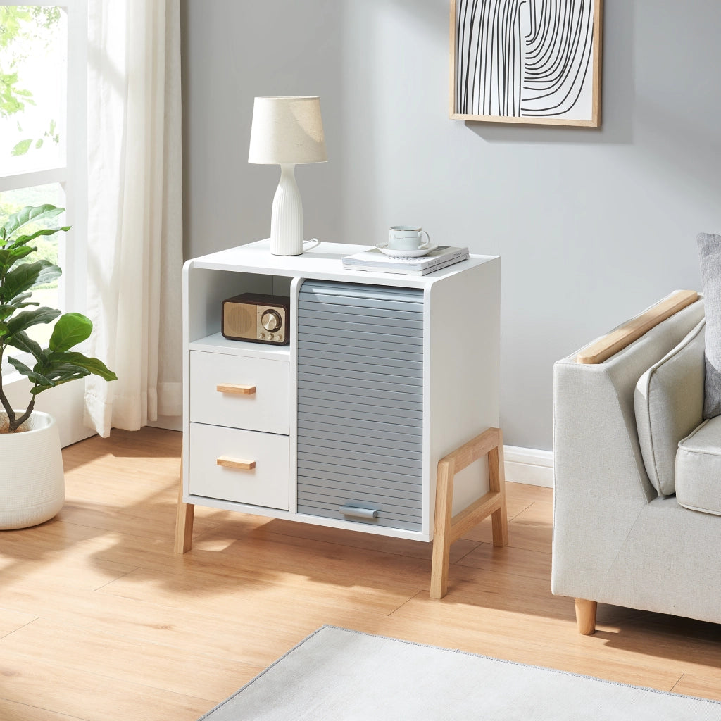 Cassettiera Kvaefjord con Anta a Serrandina e Scomparto Aperto - Bianco/Grigio [en.casa]