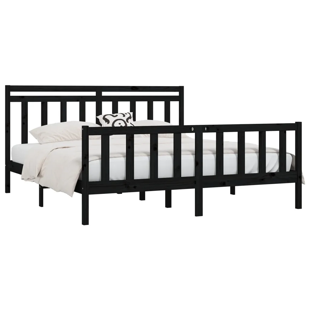 Letto matrimoniale | Letto per adulti | Giroletto Nero in Legno Massello di Pino 200x200 cm