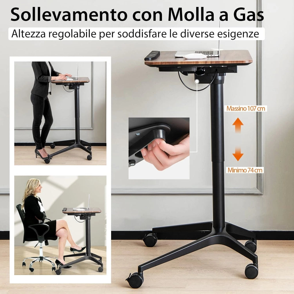 Scrivania Regolabile in Altezza, Tavolino da Letto e Divano Inclinabile con Ruote, Deflettore Anticaduta e Porta Bicchieri, Tavolino per Ufficio e Casa, 72 x 50 x 74-107 cm