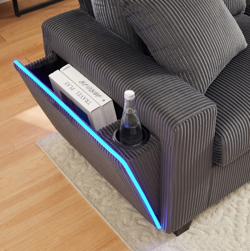 Divano a U in velluto a coste grigio con LED, USB/Type-C e 2 pouf