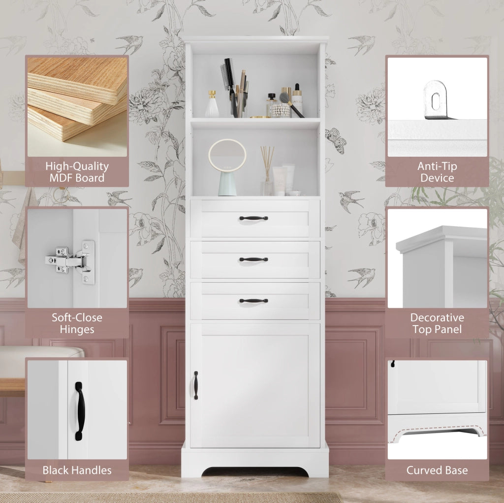 Mobile bagno in MDF bianco 56x25;6x167 cm con 3 cassetti e ripiani regolabili
