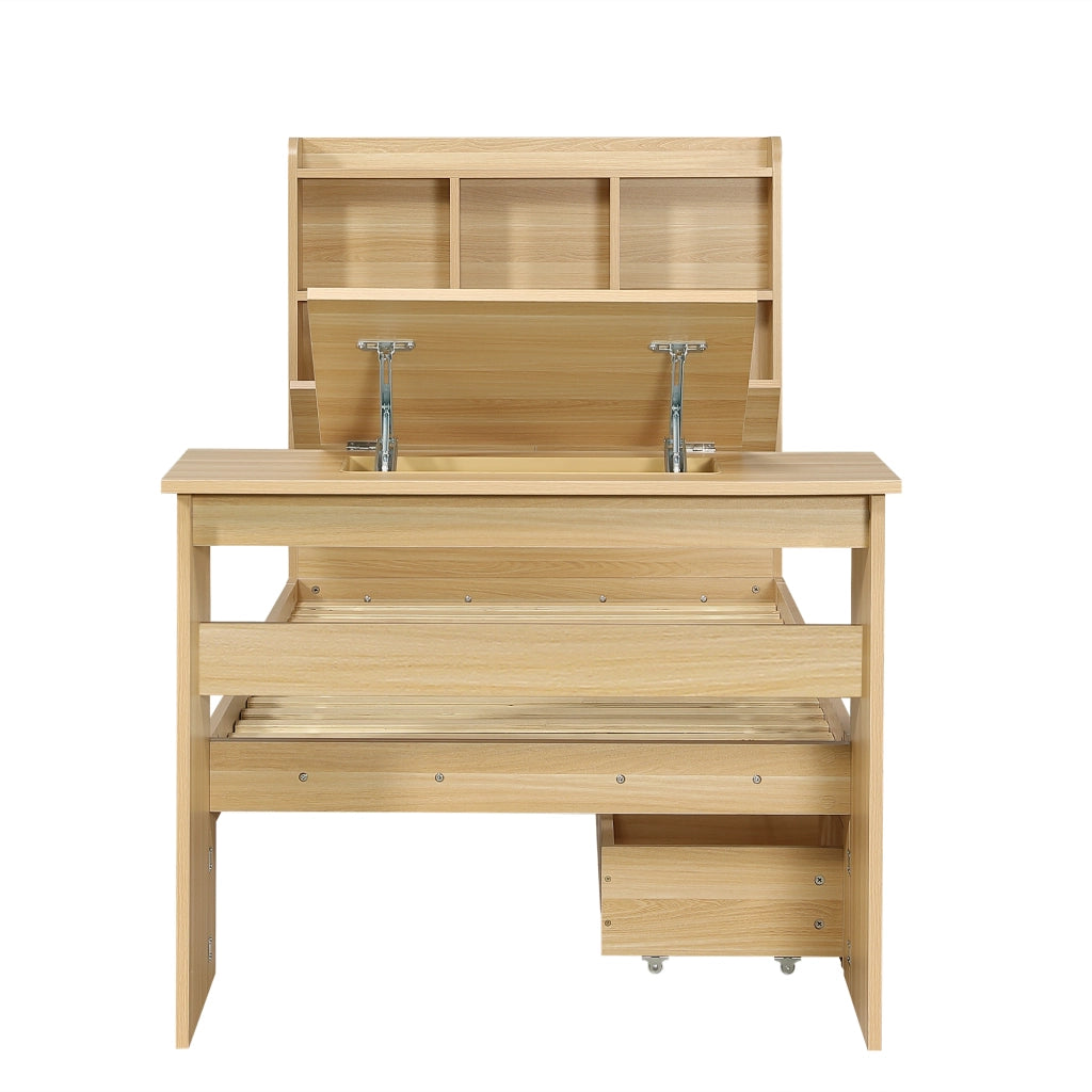 Letto singolo 90x200 cm in legno naturale con contenitore, mensola testiera, tavolo ribaltabile e cassetto reversibile