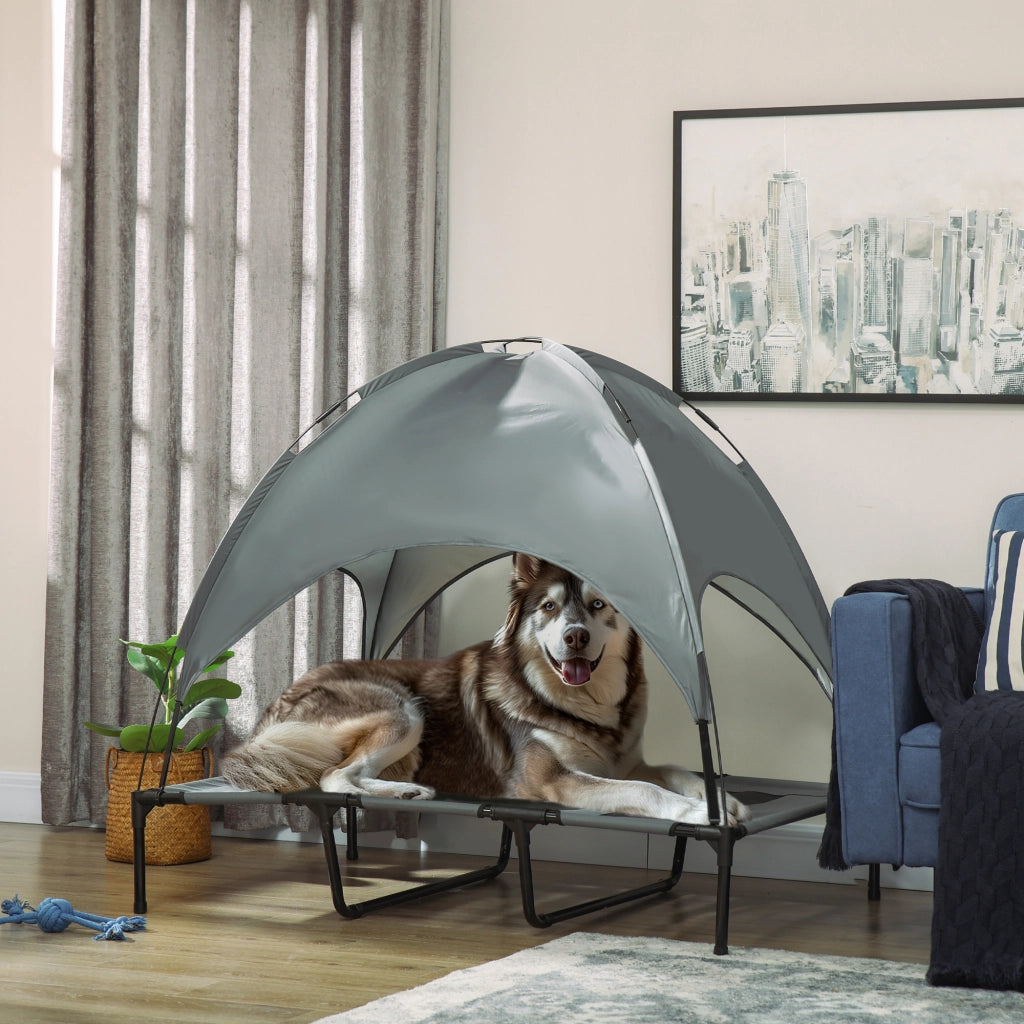 Letto per cani e gatti esterno rialzato con ombrellone ¨C zephmum ¨C 122x92x108 cm grigio nero