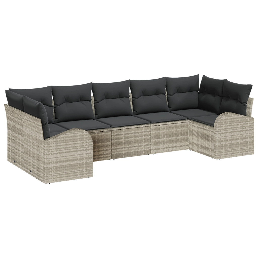 Set divano da giardino 7 pezzi con cuscini grigio chiaro in polirattan