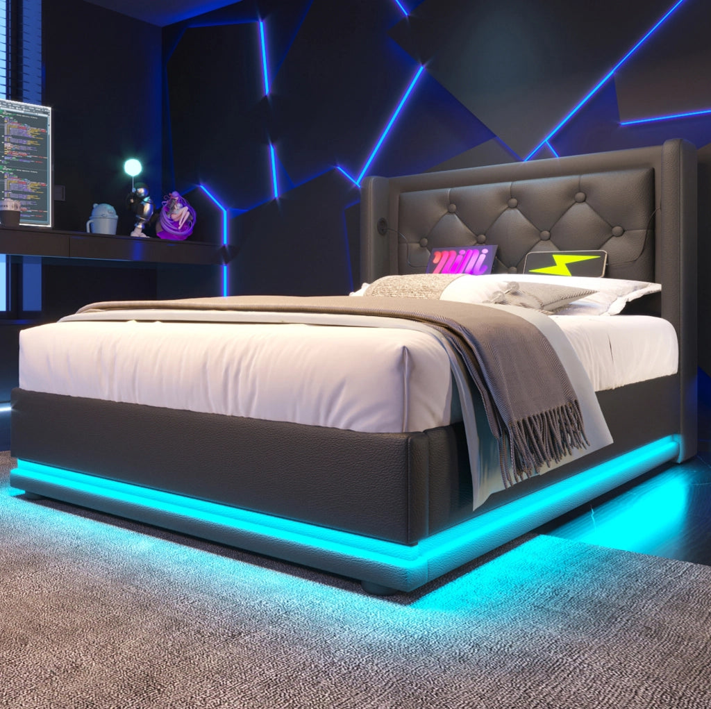 Letto singolo 90x200 nero in PU con contenitore idraulico, LED, USB-C e materasso