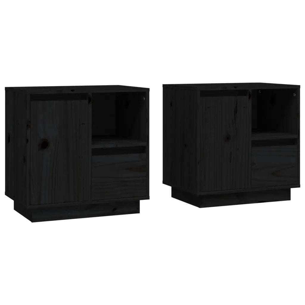 Set di 2 Comodini | Armadio da Notte | Mobiletto da notte Neri 50x34x50 cm in Legno Massello di Pino