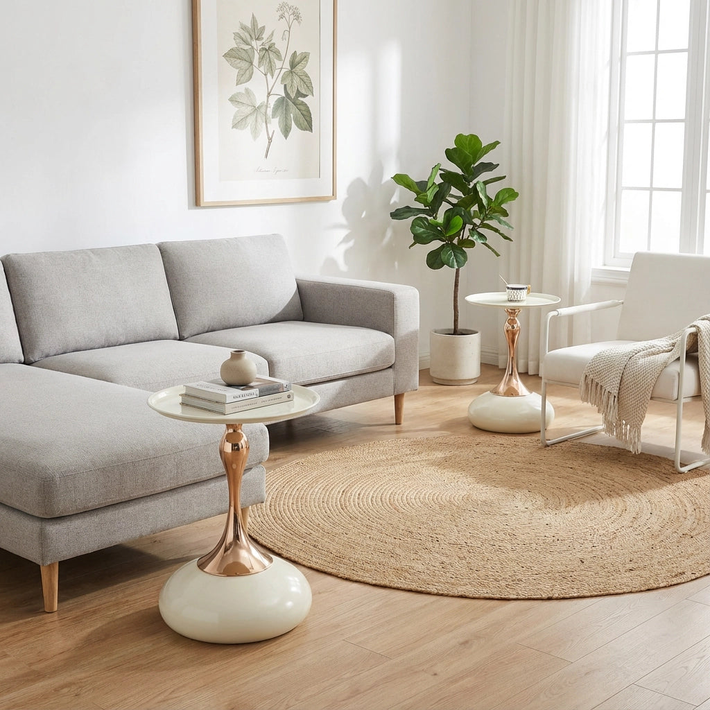 Tavolino basso rotondo con base in metallo, per soggiorno e camera da letto, bianco e oro, per piccoli spazi, 38 cm