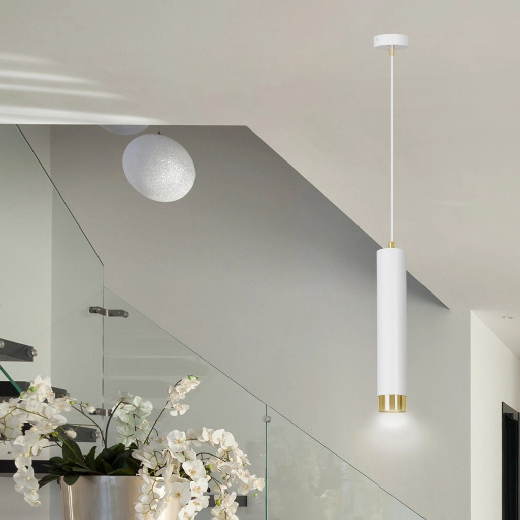 Lampada a sospensione Kibo in acciaio bianco e oro