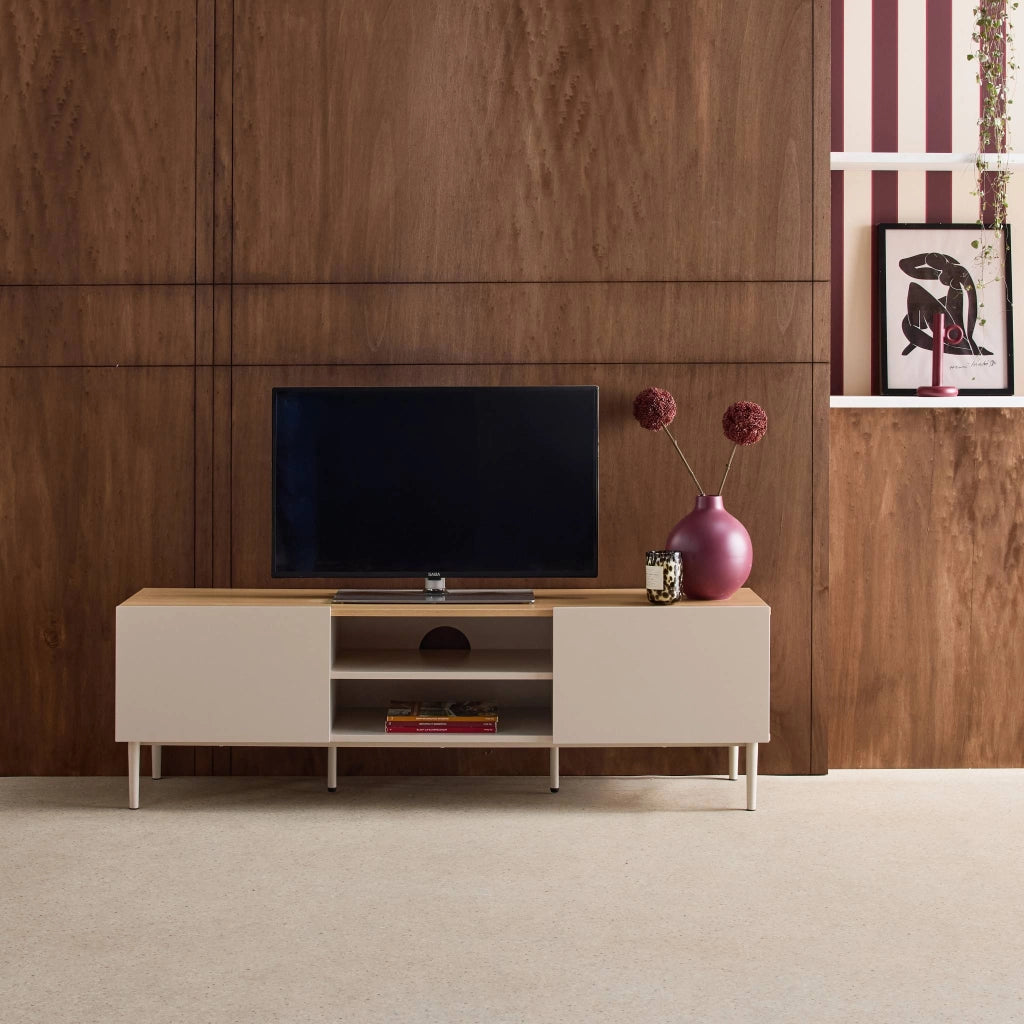 Mobile tv in metallo e decorazione in legno 2 ante, 140cm, beige