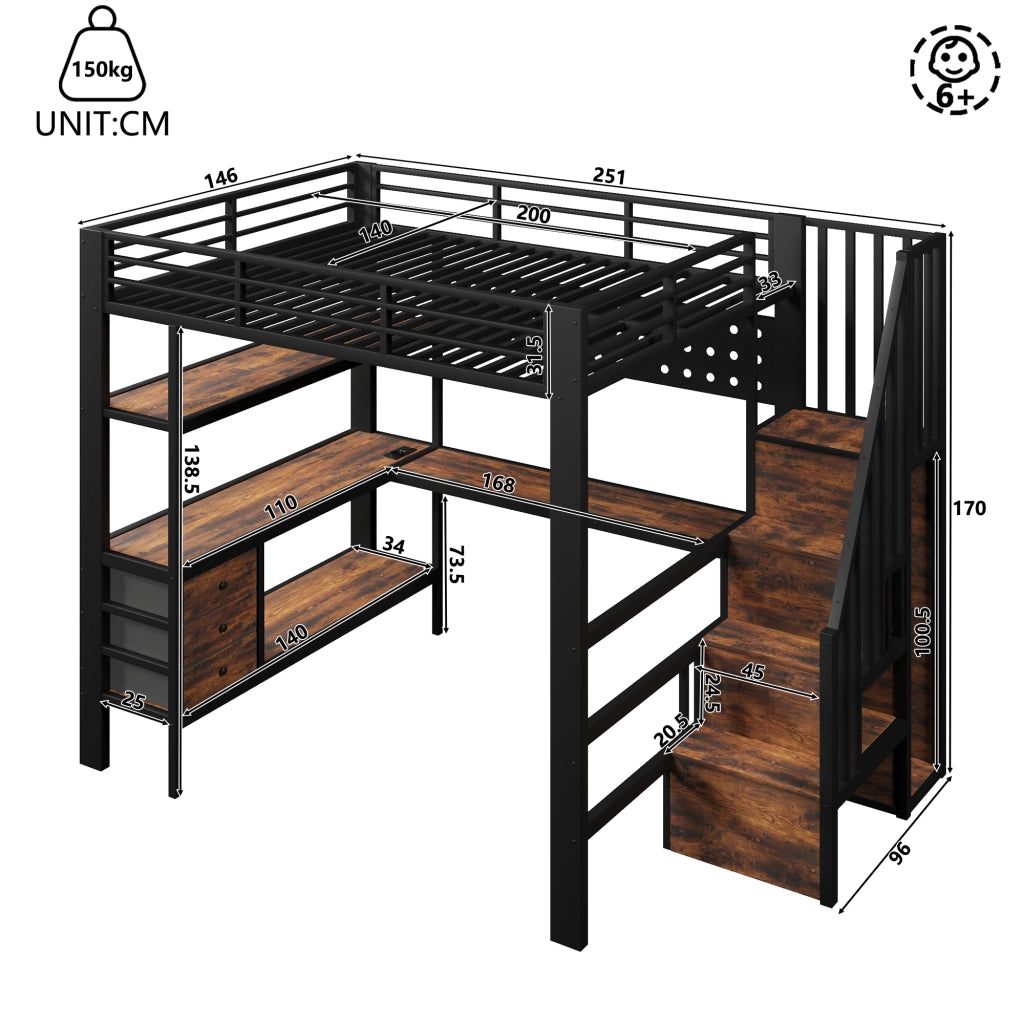DESMIU Letto a soppalco 140 × 200 cm 1 posto con scrivania, cassetti, LED e presa, senza materasso, nero
