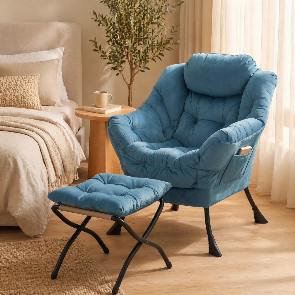 Poltrona relax con pouf blu in tessuto e metallo 72x80x93 cm per salotto