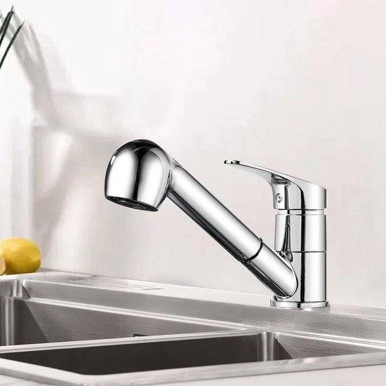 Keukenkraan con sistema di ritiro, 360° rotante, con scarico acqua fredda e calda 2 posizioni, miscelatore a un giro per la cucina in acciaio inox