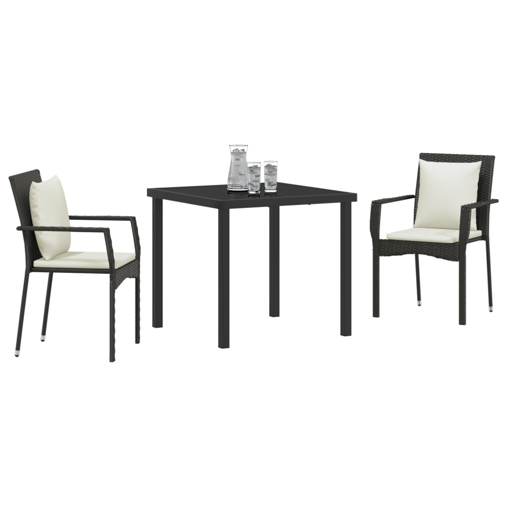 Set da Pranzo da Giardino 3 Pezzi con Cuscini Nero Rattan Poli