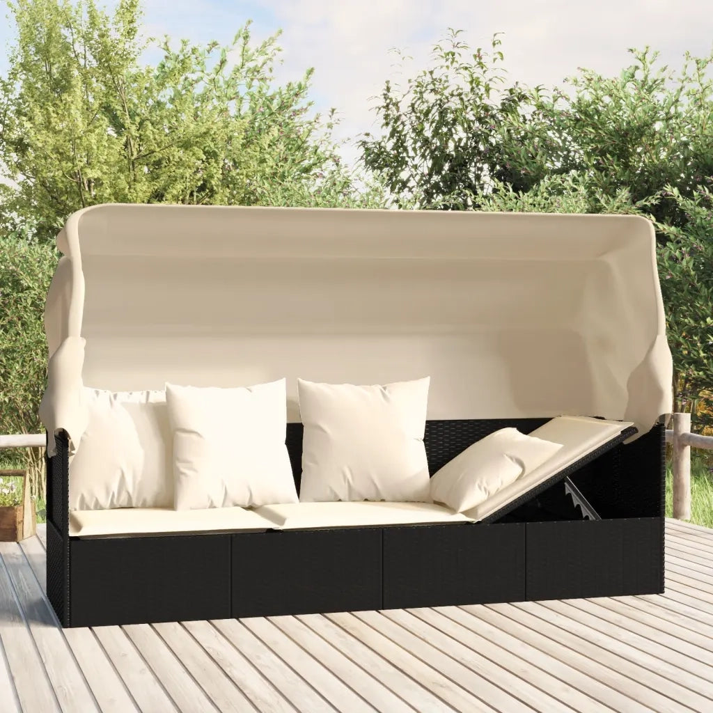 Lettino Prendisole | Sdraio da giardino | Lettino da sole Esterno con Tetto e Cuscini Nero Polyrattan
