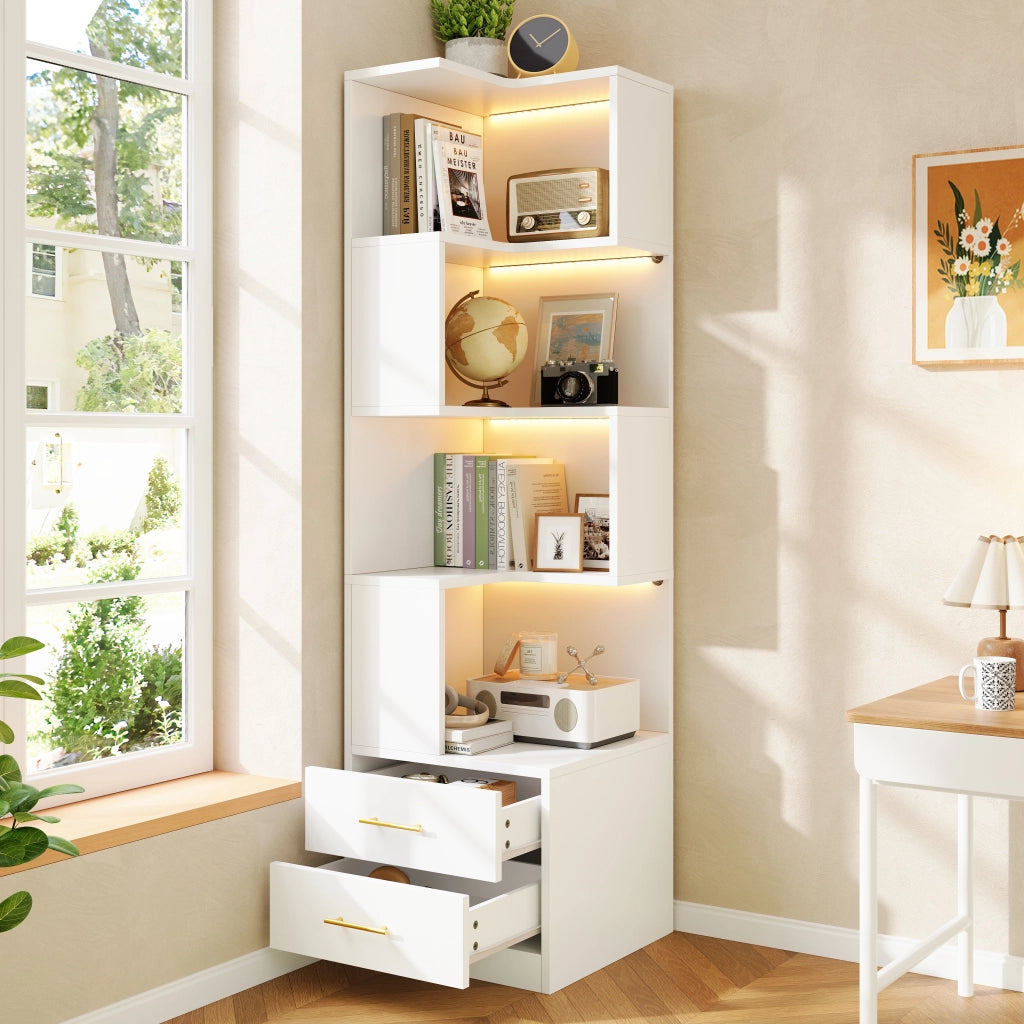 Libreria angolare con 2 cassetti e LED - per soggiorno - 165×45×45 cm - bianco