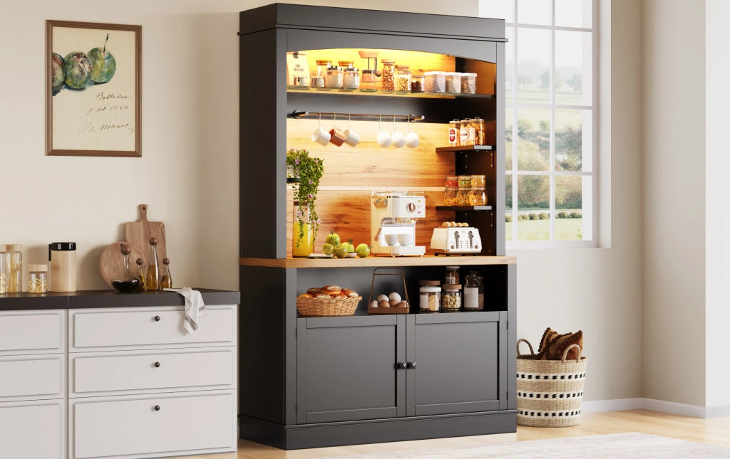 Credenza alta da cucina con LED USB, 107x43x184 cm, nera