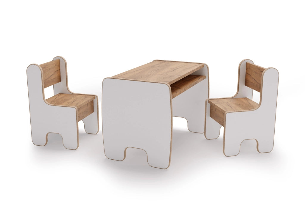 Set di mobili per bambini TIMI, tavolo e due sedie in MDF - rovere artigianale bianco/oro