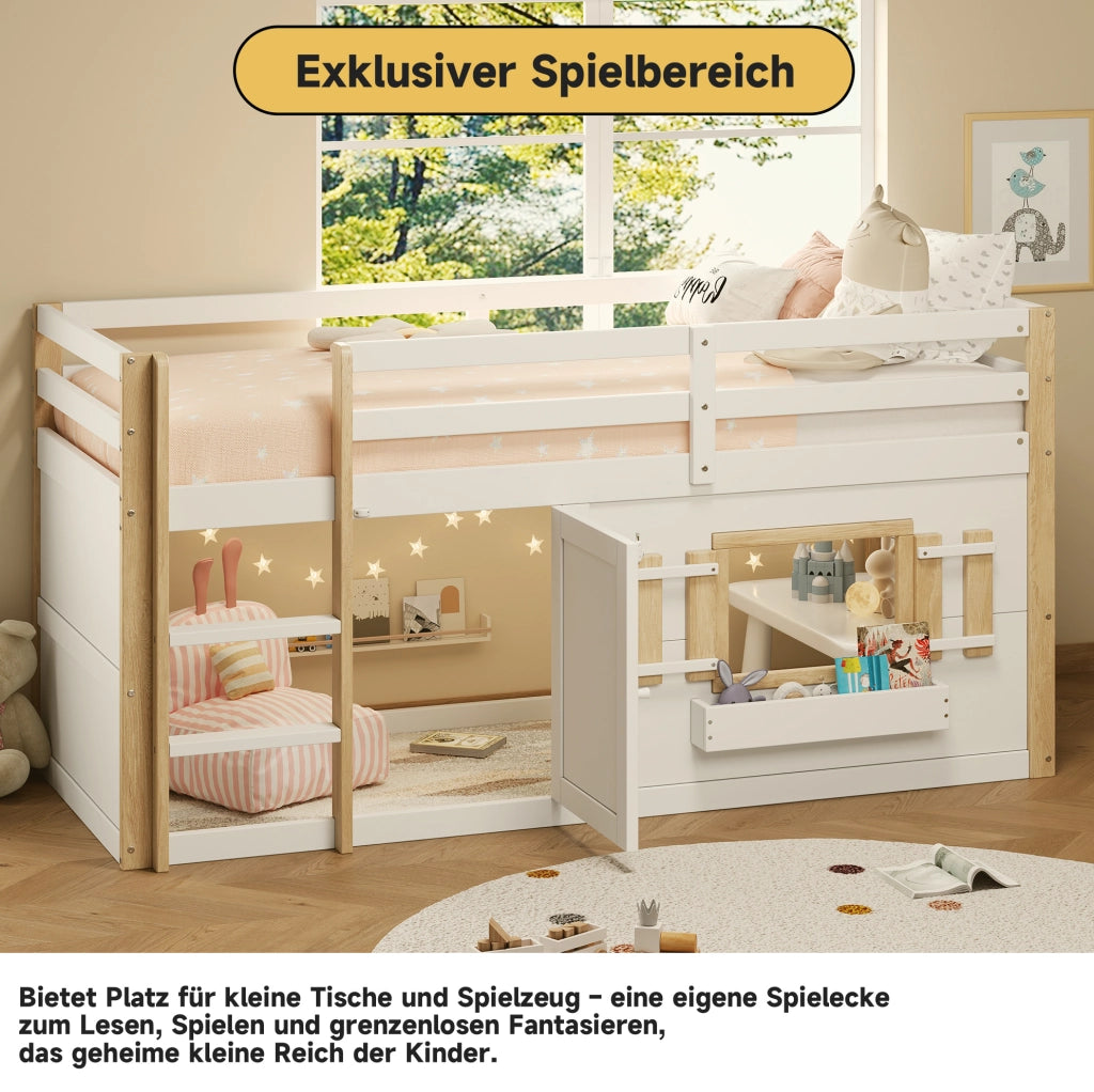 Letto a castello per bambini 90x200 cm in legno massiccio e MDF; bianco; con rete a doghe