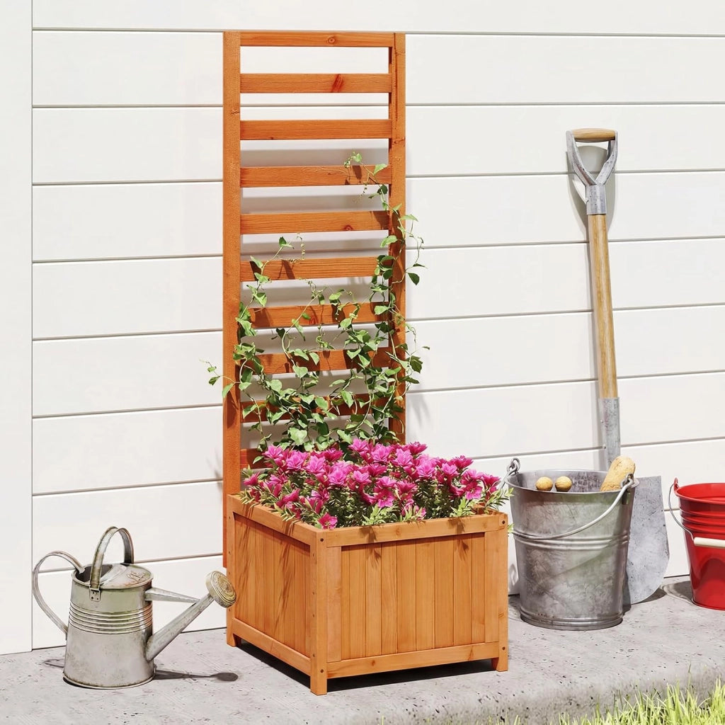 Letto da Giardino Rialzato in Legno con Traliccio, Fioriera Elevata con Fori di Drenaggio & Spazi per Piante Rampicanti, Viti, Fiori, Verdure, Fioriera per Interni ed Esterni (Arancione)