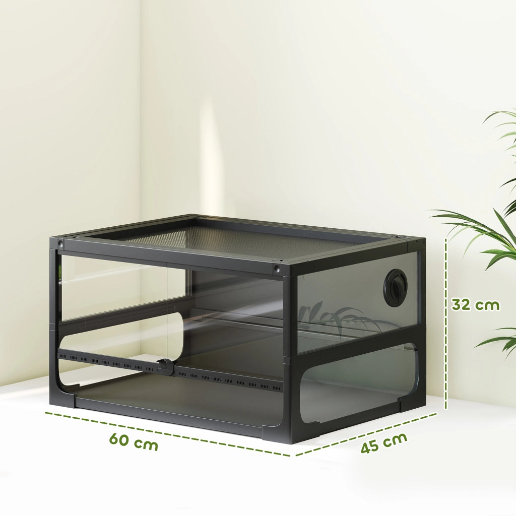 Rettilario Rialzato e Pieghevole con Coperchio e Pareti in Vetro Temperato e Plastica, 60x45x32 cm, Nero