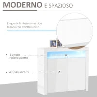 Mobiletto Salvaspazio Multiuso per Ingresso, Salotto o Bagno in Legno Bianco, con Luci LED Colorate, 107x35x97cm