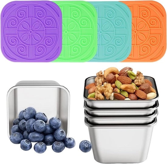 Contenitore alimentare da 4x60 ml in acciaio inossidabile per insalate e snack - contenitore per spezie per cucina - conservazione di salse e spezie con coperchio