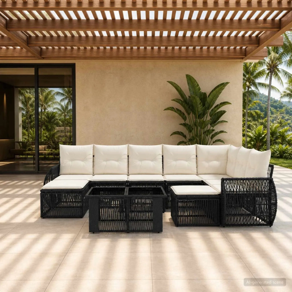 Set Divano da Giardino 10 pz Nero e Bianco Crema polyrattan 3437032