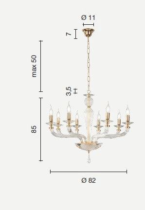 LAMPADARIO VILLA VETRO E METALLO 8 LUCI ORO E AMBRA ATTACCO E14 D.82CM