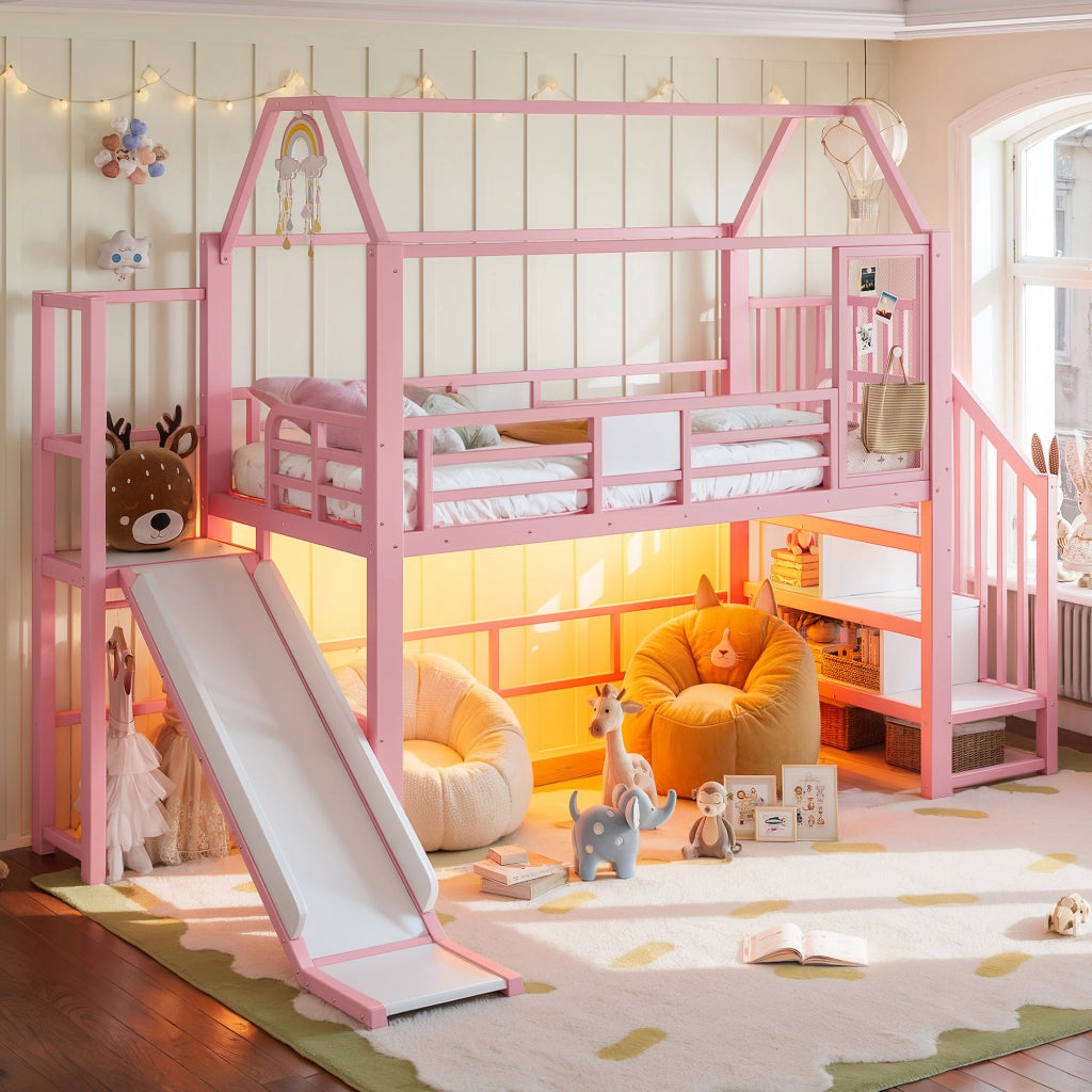 Letto a soppalco per bambini rosa a casetta con scivolo; LED Bluetooth; 90 x 200 cm