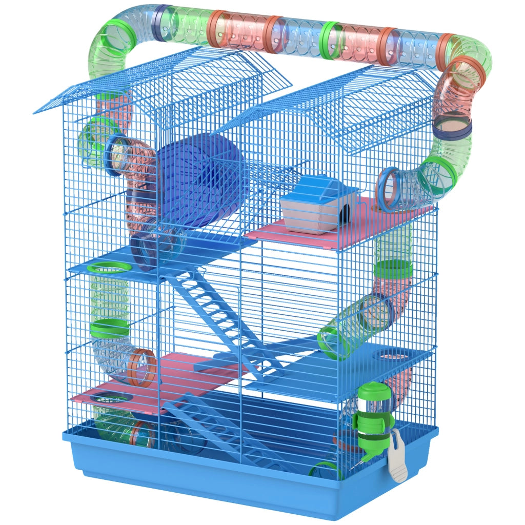 Gabbia per Criceti Multilivello con Tubi, Piattaforme e Accessori ¨C zephmum ¨C Blu 47x30x59 cm