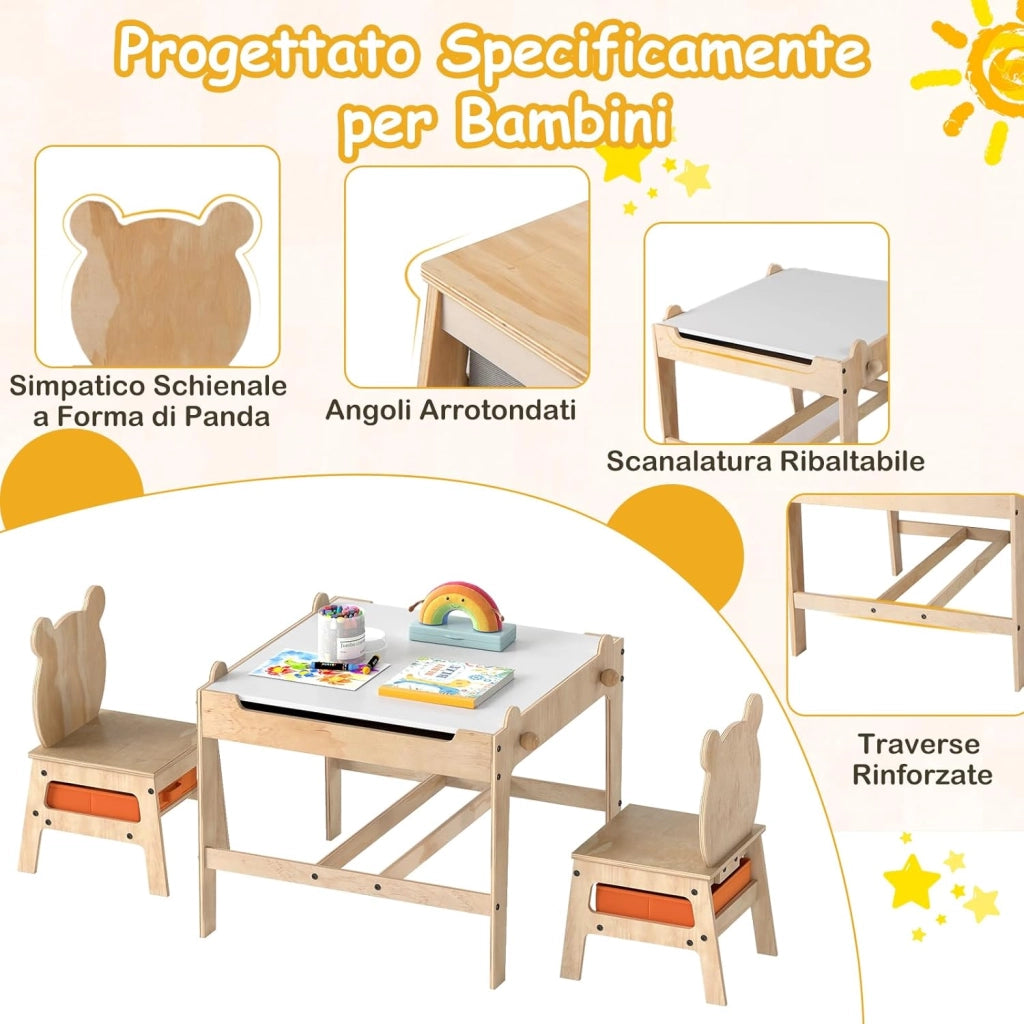 4 in 1 Set Tavolo e Sedie per Bambini 3+ Anni, Tavolo in Legno con Lavagna Reversibile Bianca e Nera, Sedie Ergonomiche con 2 Cassetti Portaoggetti, Ideale per Arti, Mestieri e Giochi (Panda)