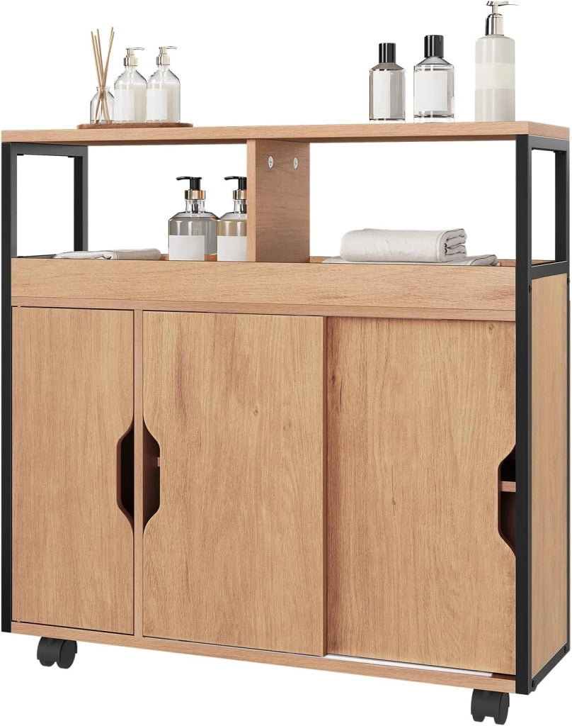 Mobile da Bagno Stretto, Mobile da Bagno con 2 Scomparti Aperti, Ripiano Regolabile, Ante Scorrevoli, Ripiano a Nicchia con Rotelle, 70x70x20 cm, Nero Rovere Chiaro