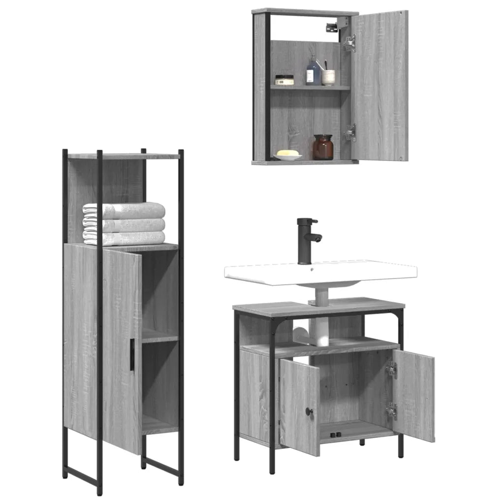 Set Mobili da Bagno 3 pz Grigio Sonoma in Legno Multistrato
