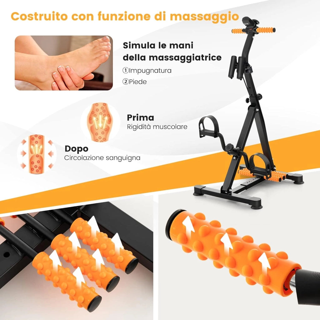Cyclette a Pedali, Macchina per il Fitness per Mani, Braccia, Gambe e Ginocchia con Massaggio e Monitor LCD, Altezza e Lunghezza Regolabili