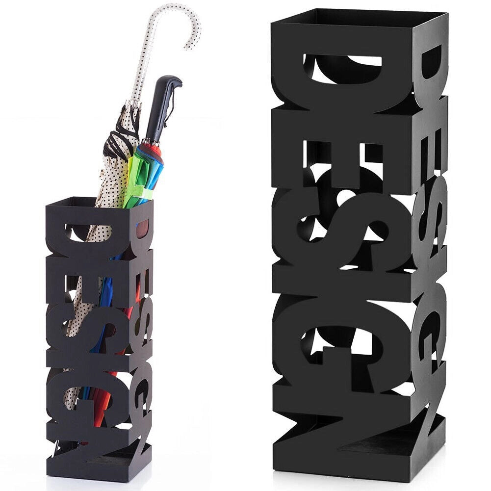 Portaombrelli in Ferro Design Quadrato Stand Nero Vaschetta Salvagoccia