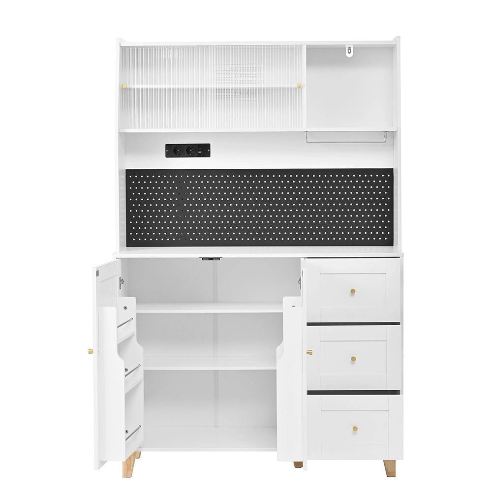 Armadio alto con prese elettriche e pannello perforato - Xylo - Porta-bicchieri da vino, cassetti, ideale per cucina e sala da pranzo (bianco)