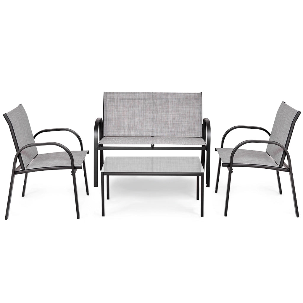 Set mobili da giardino con 4 pezzi per chiacchierare, Sedie da cortile in ferro e tessuto a rete con tavolino in vetro, Grigio-Set mobili da esterno