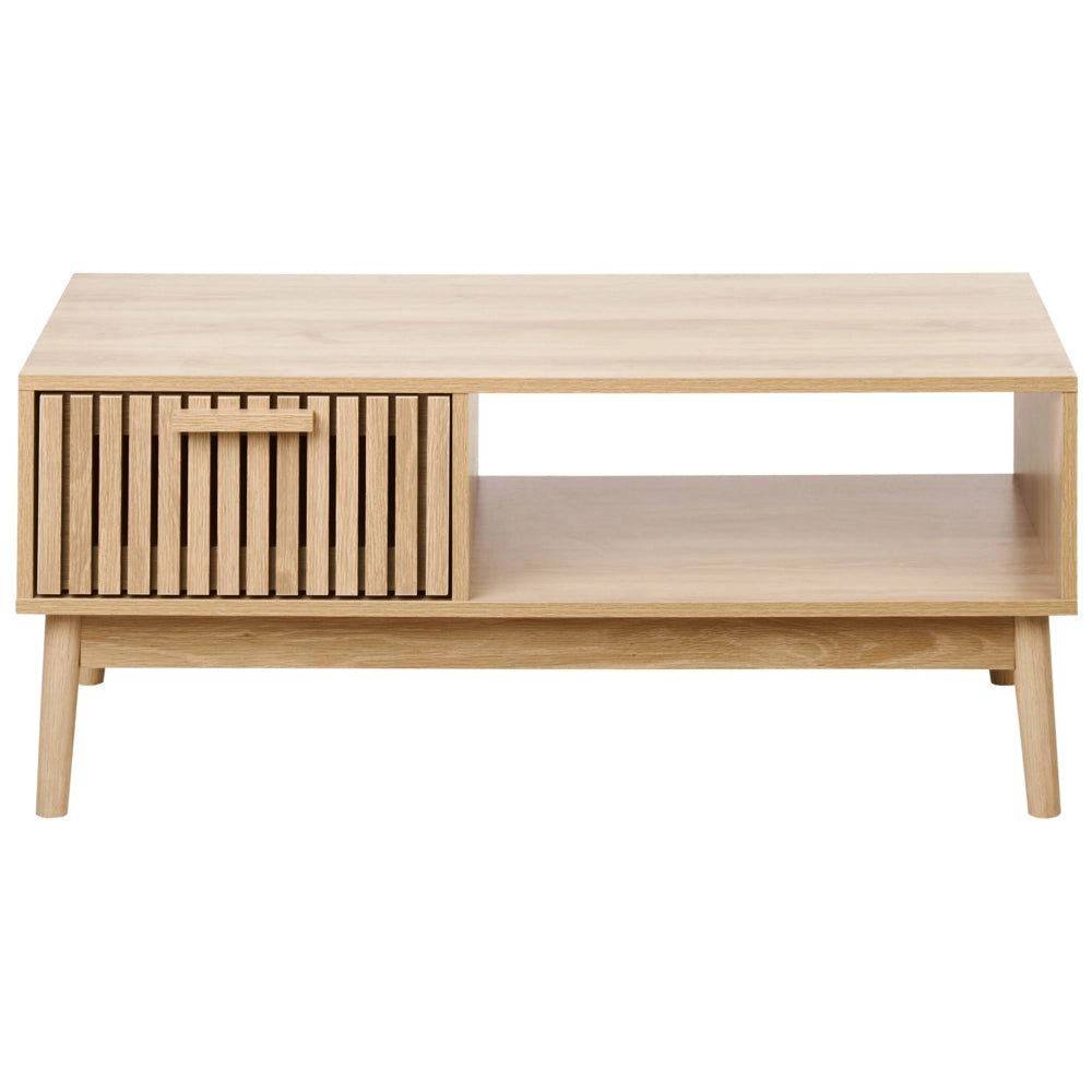 Tavolino da caffè in legno chiaro MDF gambe in legno stile scandinavo cassetto scaffale stoccaggio soggiorno