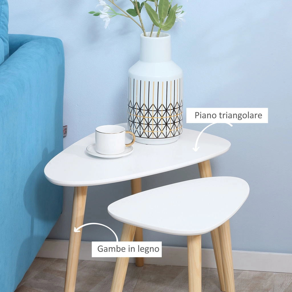SET 2 TAVOLINI DA SALOTTO IMPILABILI STILE NORDICO CON GAMBE IN LEGNO TOP BIANCO