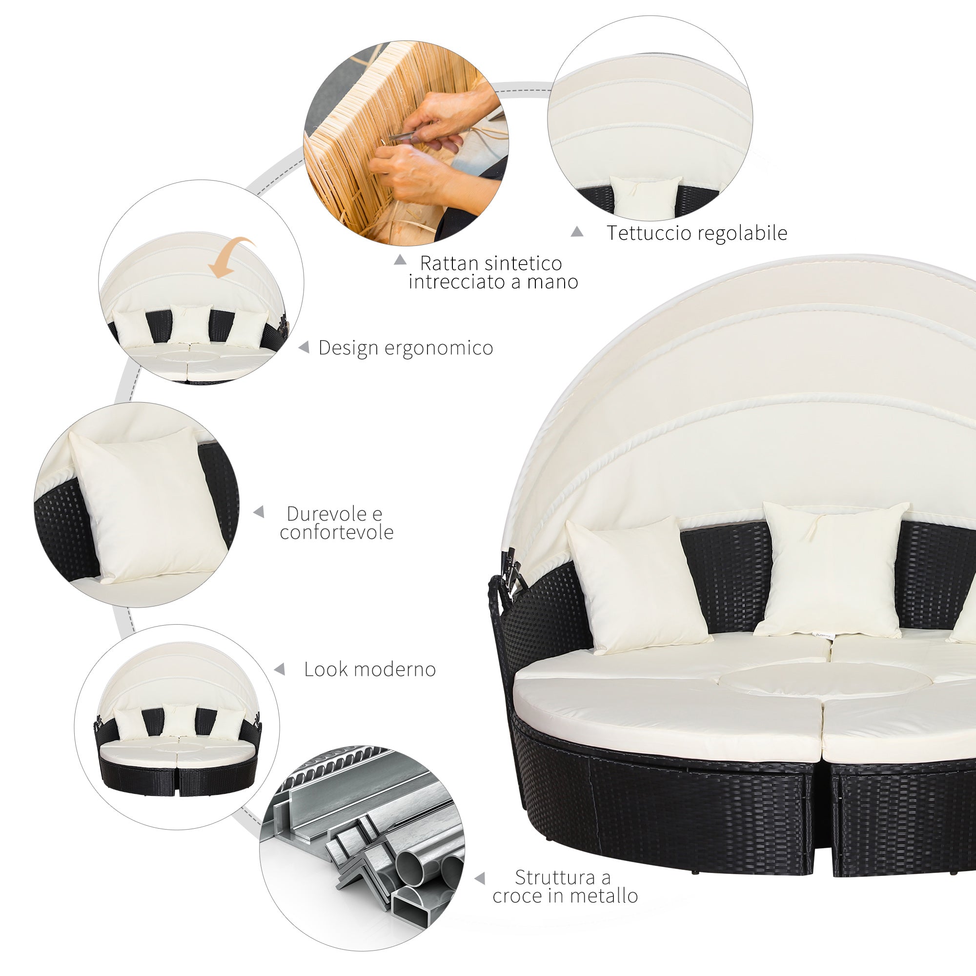 EASYCOMFORT  Set Componibile Divano Circolare da Esterno in PE Rattan Nero e Beige