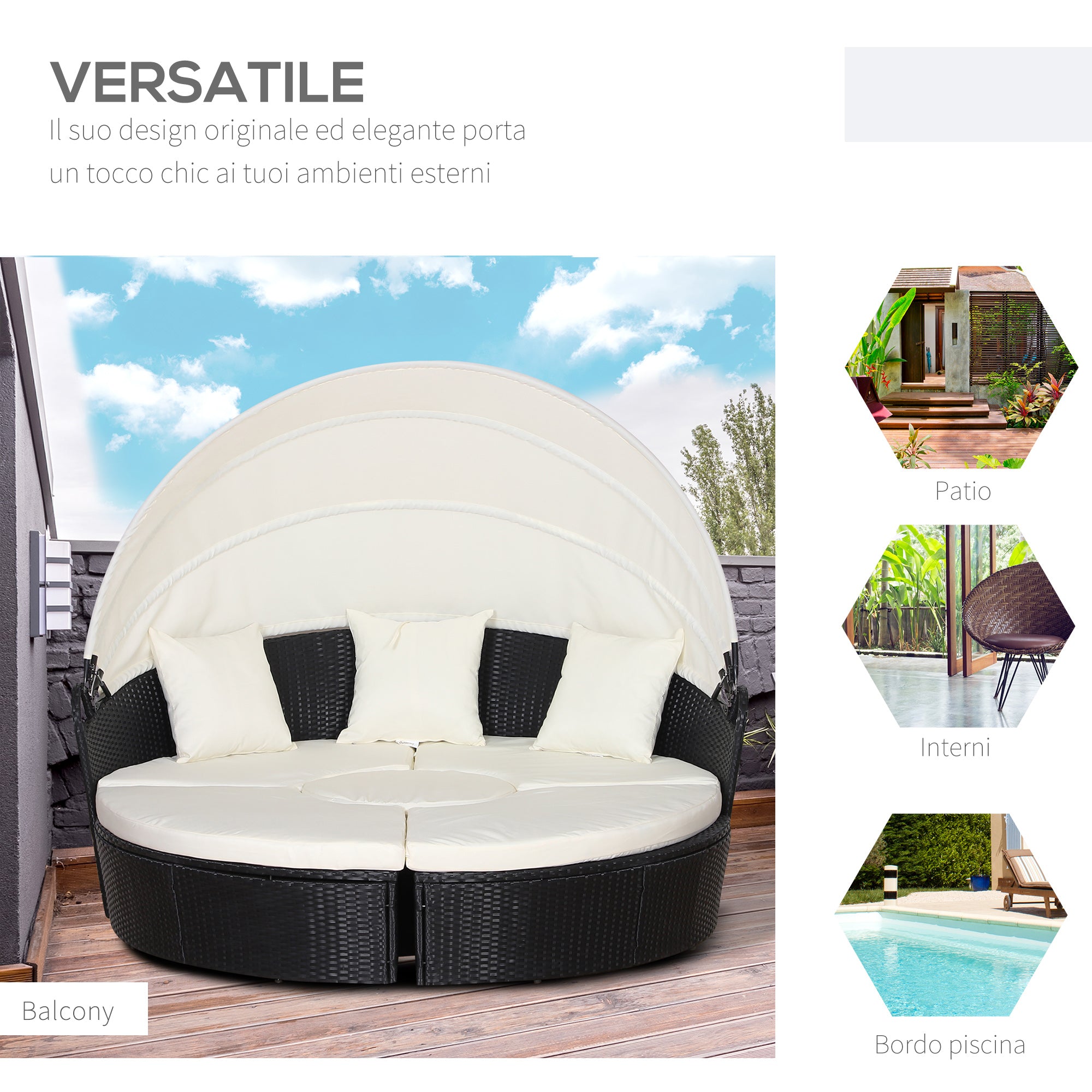 EASYCOMFORT  Set Componibile Divano Circolare da Esterno in PE Rattan Nero e Beige