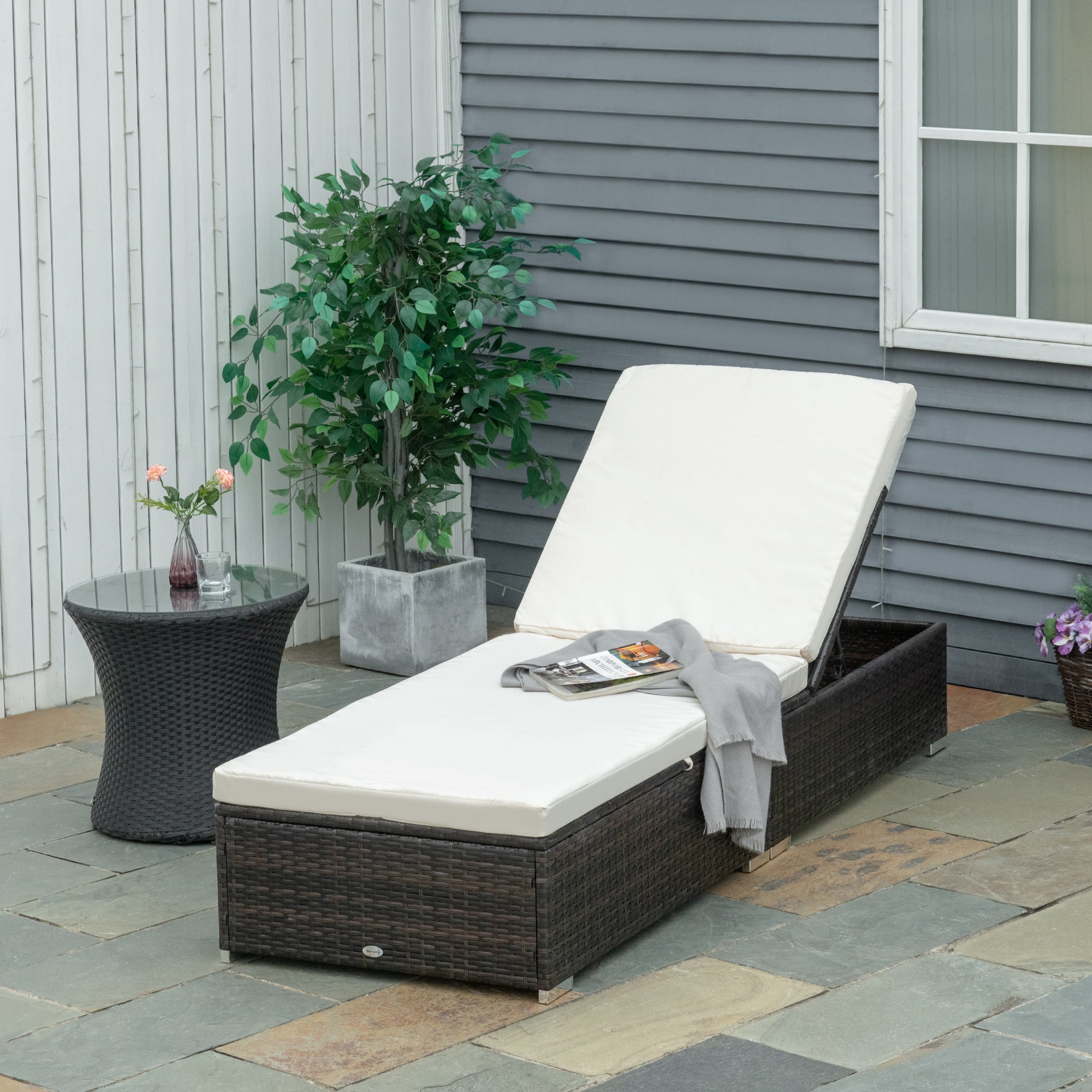 EASYCOMFORT  Lettino Prendisole in Rattan PE con Schienale Reclinabile su 5 Posizioni, 195x68x30cm, Marrone