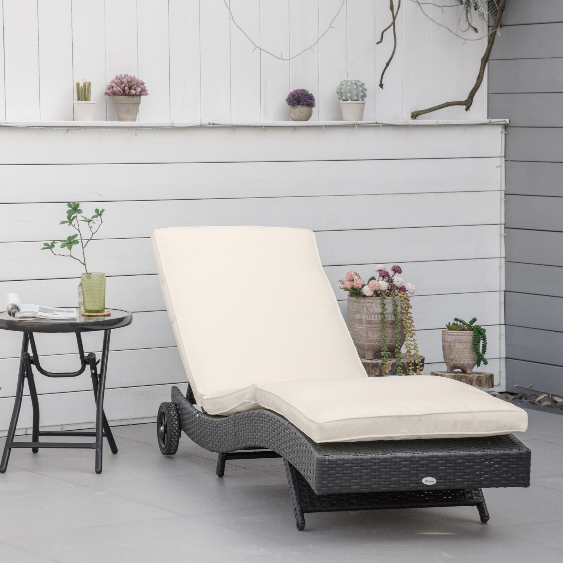 EasyComfort Sdraio da Giardino in Rattan PE con Schienale Regolabile e Cuscino, 207x70x70cm, Nero